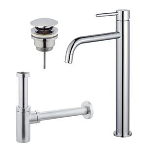 Fortifura Calvi Slim Wastafelkraanset - verhoogde wastafelkraan - klikwaste plug - design sifon - Chroom SW377813/SW696203/SW696209/SW696214