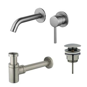 Fortifura Calvi Wastafelkraanset - inbouw wastafelkraan - klikwaste plug - verlaagde design sifon - Geborsteld RVS PVD (RVS) SW377860/SW696201/SW696217