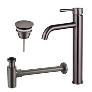 Fortifura Calvi Wastafelkraanset - verhoogde wastafelkraan - always open plug - design sifon - Geborsteld Gunmetal PVD SW766541/SW769487/SW767297