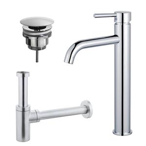 Fortifura Calvi Wastafelkraanset - verhoogde wastafelkraan - always open plug - design sifon - Chroom SW377811/SW696209/SW696214