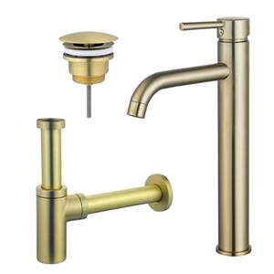 Fortifura Calvi Wastafelkraanset - verhoogde wastafelkraan - always open plug - design sifon - Geborsteld Messing PVD (Goud) SW720549/SW696208/SW696213