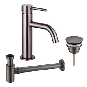 Fortifura Calvi Slim Wastafelkraanset - lage wastafelkraan - always open plug - verlaagde design sifon - Geborsteld Gunmetal PVD SW766538/SW769487/SW767295