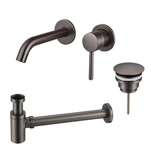 Fortifura Calvi Slim Wastafelkraanset - inbouw wastafelkraan - always open plug - verlaagde design sifon - Geborsteld Gunmetal PVD SW766534/SW769487/SW767295