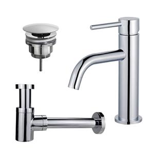 Fortifura Calvi Slim Wastafelkraanset - lage wastafelkraan - always open plug - verlaagde design sifon - Chroom SW377812/SW696209/SW696219