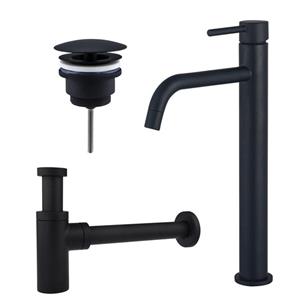 Fortifura Calvi Slim Wastafelkraanset - verhoogde wastafelkraan - always open plug - design sifon - Mat zwart SW377836/SW696205/SW696210