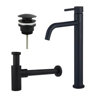 Fortifura Calvi Slim Wastafelkraanset - verhoogde wastafelkraan - klikwaste plug - design sifon - Mat zwart SW377836/SW696199/SW696210