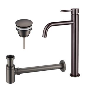 Fortifura Calvi Slim Wastafelkraanset - verhoogde wastafelkraan - klikwaste plug - verlaagde design sifon - Geborsteld Gunmetal PVD SW766539/SW767288/SW767295