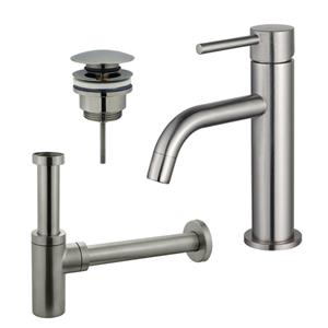 Fortifura Calvi Slim Wastafelkraanset - lage wastafelkraan - klikwaste plug - design sifon - Geborsteld RVS PVD (RVS) SW377858/SW696201/SW696212