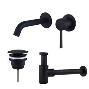 Fortifura Calvi Slim Wastafelkraanset - inbouw wastafelkraan - always open plug - verlaagde design sifon - Mat zwart SW377837/SW696205/SW696215