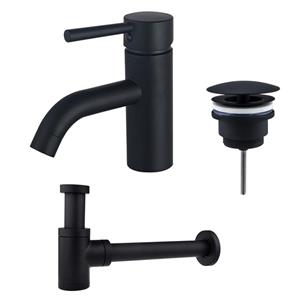 Fortifura Calvi Wastafelkraanset - lage wastafelkraan - always open plug - verlaagde design sifon - Mat zwart SW377833/SW696205/SW696215