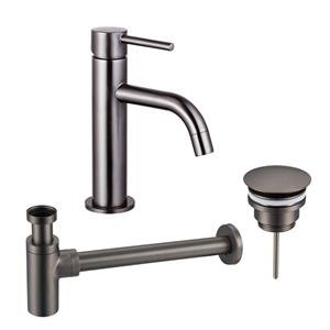 Fortifura Calvi Slim Wastafelkraanset - lage wastafelkraan - always open plug - design sifon - Geborsteld Gunmetal PVD SW766538/SW769487/SW767297