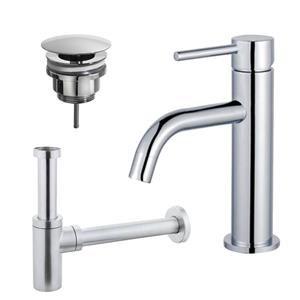 Fortifura Calvi Slim Wastafelkraanset - lage wastafelkraan - always open plug - design sifon - Chroom SW377812/SW696209/SW696214