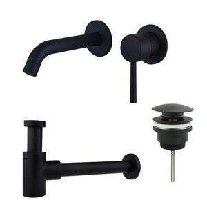Fortifura Calvi Wastafelkraanset - inbouw wastafelkraan - klikwaste plug - verlaagde design sifon - Mat zwart SW377837/SW696199/SW696215
