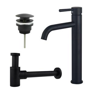 Fortifura Calvi Wastafelkraanset - verhoogde wastafelkraan - klikwaste plug - verlaagde design sifon - Mat zwart SW377834/SW696199/SW696215