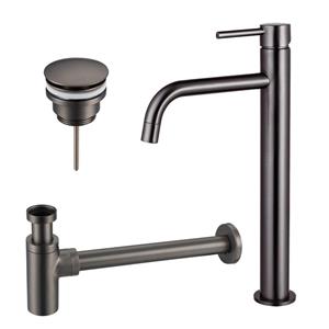 Fortifura Calvi Slim Wastafelkraanset - verhoogde wastafelkraan - klikwaste plug - design sifon - Geborsteld Gunmetal PVD SW766539/SW767288/SW767297