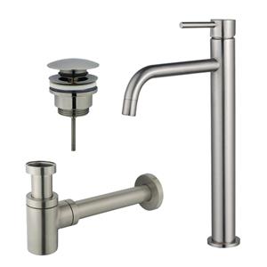 Fortifura Calvi Slim Wastafelkraanset - verhoogde wastafelkraan - klikwaste plug - verlaagde design sifon - Geborsteld RVS PVD (RVS) SW377859/SW696201/SW696217