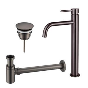 Fortifura Calvi Slim Wastafelkraanset - verhoogde wastafelkraan - always open plug - verlaagde design sifon - Geborsteld Gunmetal PVD SW766539/SW769487/SW767295