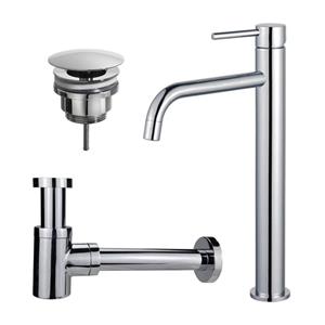 Fortifura Calvi Slim Wastafelkraanset - verhoogde wastafelkraan - always open plug - verlaagde design sifon - Chroom SW377813/SW696209/SW696219