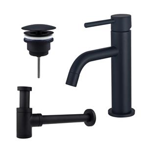 Fortifura Calvi Slim Wastafelkraanset - lage wastafelkraan - always open plug - verlaagde design sifon - Mat zwart SW377835/SW696205/SW696215