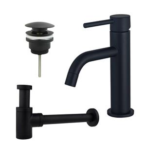 Fortifura Calvi Slim Wastafelkraanset - lage wastafelkraan - klikwaste plug - verlaagde design sifon - Mat zwart SW377835/SW696199/SW696215