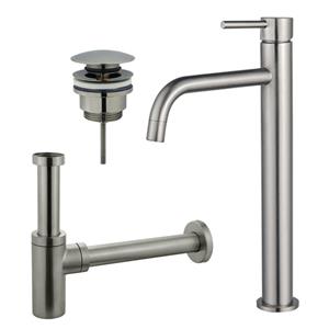 Fortifura Calvi Slim Wastafelkraanset - verhoogde wastafelkraan - klikwaste plug - design sifon - Geborsteld RVS PVD (RVS) SW377859/SW696201/SW696212