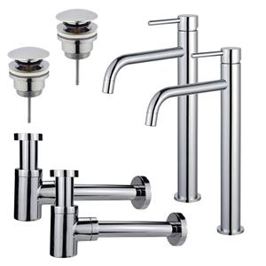 Fortifura Calvi Slim Wastafelkraanset - voor dubbele wastafel - verhoogde wastafelkraan - klikwaste plug - verlaagde design sifon - Chroom 2x SW377813/2x SW696203/2x SW696219