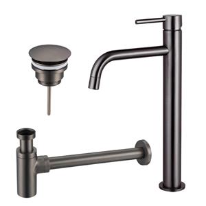 Fortifura Calvi Slim Wastafelkraanset - verhoogde wastafelkraan - always open plug - design sifon - Geborsteld Gunmetal PVD SW766539/SW769487/SW767297