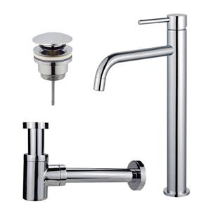 Fortifura Calvi Slim Wastafelkraanset - verhoogde wastafelkraan - klikwaste plug - verlaagde design sifon - Chroom SW377813/SW696203/SW696219