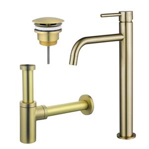 Fortifura Calvi Slim Wastafelkraanset - verhoogde wastafelkraan - always open plug - design sifon - Geborsteld Messing PVD (Goud) SW720546/SW696208/SW696213