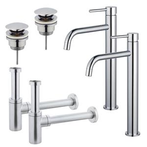 Fortifura Calvi Slim Wastafelkraanset - voor dubbele wastafel - verhoogde wastafelkraan - klikwaste plug - design sifon - Chroom 2x SW377813/2x SW696203/2x SW696214