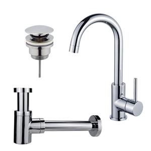 Fortifura Calvi Wastafelkraanset - hoge wastafelkraan - draaibare uitloop - klikwaste plug - verlaagde design sifon - Chroom SW809346/SW696203/SW696219