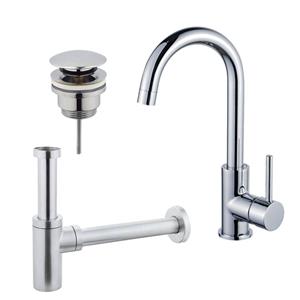 Fortifura Calvi Wastafelkraanset - hoge wastafelkraan - draaibare uitloop - klikwaste plug - design sifon - Chroom SW809346/SW696203/SW696214
