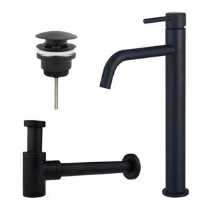 Fortifura Calvi Slim Wastafelkraanset - verhoogde wastafelkraan - klikwaste plug - verlaagde design sifon - Mat zwart SW377836/SW696199/SW696215
