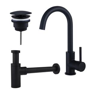 Fortifura Calvi Wastafelkraanset - hoge wastafelkraan - draaibare uitloop - always open plug - design sifon - Mat zwart SW809347/SW696205/SW696210