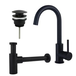 Fortifura Calvi Wastafelkraanset - hoge wastafelkraan - draaibare uitloop - klikwaste plug - design sifon - Mat zwart SW809347/SW696199/SW696210