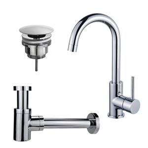 Fortifura Calvi Wastafelkraanset - hoge wastafelkraan - draaibare uitloop - always open plug - verlaagde design sifon - Chroom SW809346/SW696209/SW696219