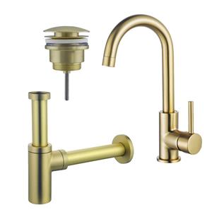 Fortifura Calvi Wastafelkraanset - hoge wastafelkraan - draaibare uitloop - klikwaste plug - design sifon - Geborsteld Messing PVD (Goud) SW809349/SW696202/SW696213
