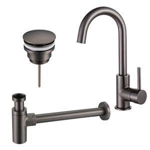 Fortifura Calvi Wastafelkraanset - hoge wastafelkraan - draaibare uitloop - klikwaste plug - design sifon - Geborsteld Gunmetal PVD SW809350/SW767288/SW767297