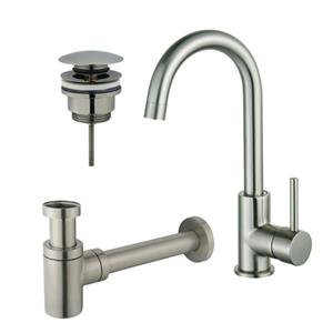 Fortifura Calvi Wastafelkraanset - hoge wastafelkraan - draaibare uitloop - klikwaste plug - verlaagde design sifon - Geborsteld RVS PVD (RVS) SW809348/SW696201/SW696217