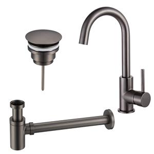 Fortifura Calvi Wastafelkraanset - hoge wastafelkraan - draaibare uitloop - always open plug - verlaagde design sifon - Geborsteld Gunmetal PVD SW809350/SW769487/SW767295