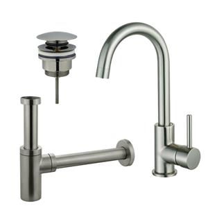 Fortifura Calvi Wastafelkraanset - hoge wastafelkraan - draaibare uitloop - klikwaste plug - design sifon - Geborsteld RVS PVD (RVS) SW809348/SW696201/SW696212