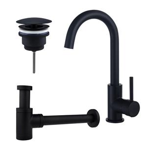 Fortifura Calvi Wastafelkraanset - hoge wastafelkraan - draaibare uitloop - always open plug - verlaagde design sifon - Mat zwart SW809347/SW696205/SW696215