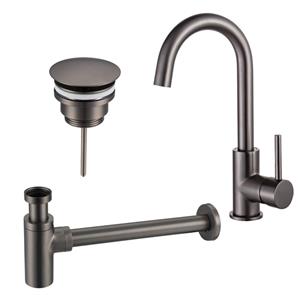 Fortifura Calvi Wastafelkraanset - hoge wastafelkraan - draaibare uitloop - always open plug - design sifon - Geborsteld Gunmetal PVD SW809350/SW769487/SW767297
