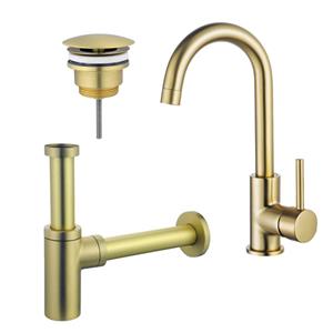 Fortifura Calvi Wastafelkraanset - hoge wastafelkraan - draaibare uitloop - always open plug - design sifon - Geborsteld Messing PVD (Goud) SW809349/SW696208/SW696213