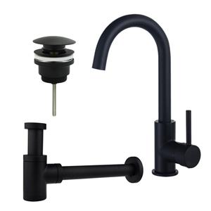 Fortifura Calvi Wastafelkraanset - hoge wastafelkraan - draaibare uitloop - klikwaste plug - verlaagde design sifon - Mat zwart SW809347/SW696199/SW696215