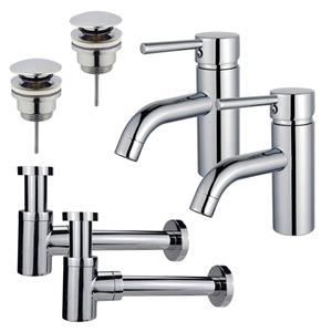 Fortifura Calvi Wastafelkraanset - voor dubbele wastafel - lage wastafelkraan - klikwaste plug - verlaagde design sifon - Chroom 2x SW377810/2x SW696203/2x SW696219