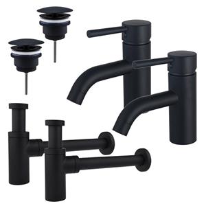 Fortifura Calvi Wastafelkraanset - voor dubbele wastafel - lage wastafelkraan - always open plug - design sifon - Mat zwart 2x SW377833/2x SW696205/2x SW696210