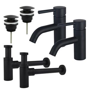 Fortifura Calvi Wastafelkraanset - voor dubbele wastafel - lage wastafelkraan - klikwaste plug - design sifon - Mat zwart 2x SW377833/2x SW696199/2x SW696210