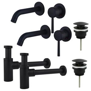 Fortifura Calvi Wastafelkraanset - voor dubbele wastafel - inbouw wastafelkraan - klikwaste plug - design sifon - Mat zwart 2x SW377837/2x SW696199/2x SW696210