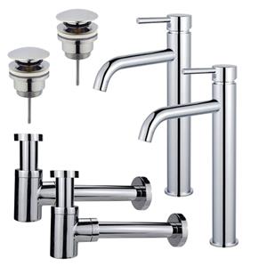 Fortifura Calvi Wastafelkraanset - voor dubbele wastafel - verhoogde wastafelkraan - klikwaste plug - verlaagde design sifon - Chroom 2x SW377811/2x SW696203/2x SW696219